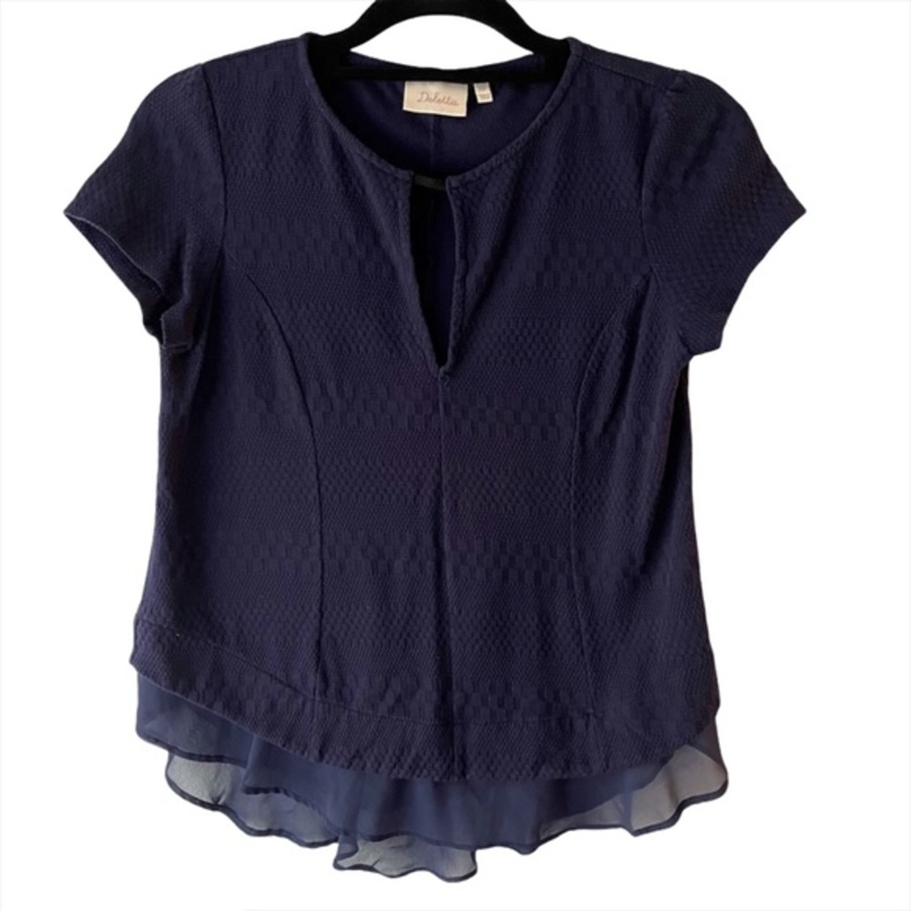 Anthropologie Deletta Soledad Chiffon Trim navy Top keyhole neckline PXS